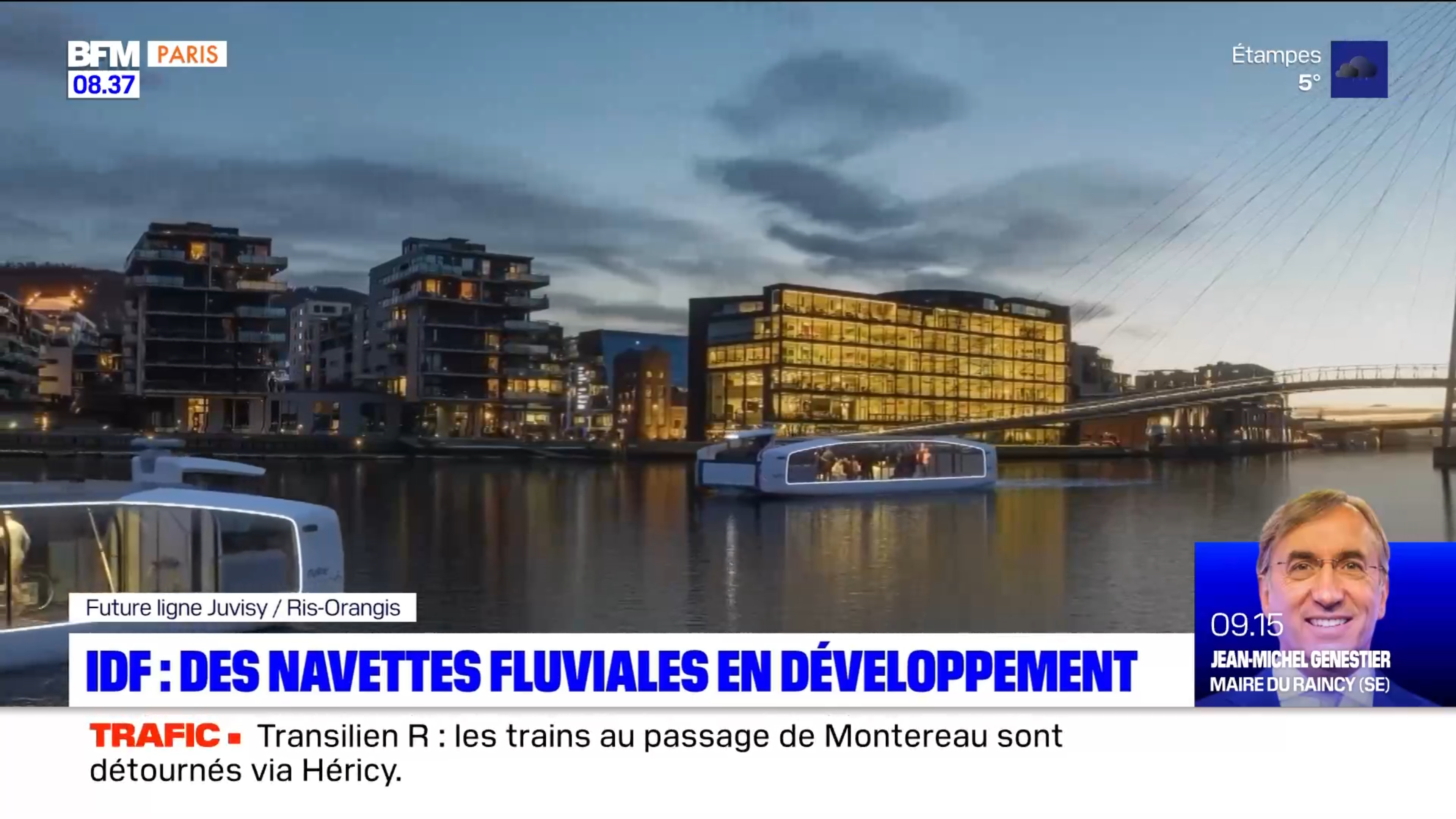 Capture de vidéo : Interview du PDG de RiverCat et présentation du projet de deux lignes de navettes fluviales sur la Seine.